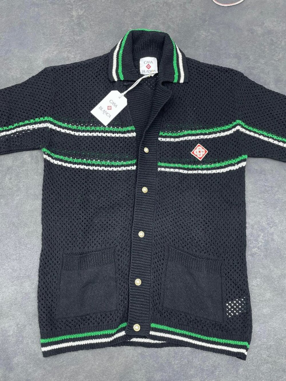 Casablanca Men's Black Knit Shirt & Shorts Set Green White Trim- Size XXL - Picture 2 of 10